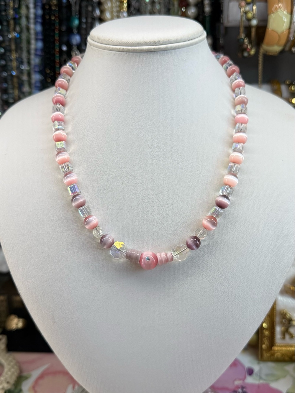 Artisan CatEye Pink Beaded Glass Necklace - Elegant Women’s Jewelry